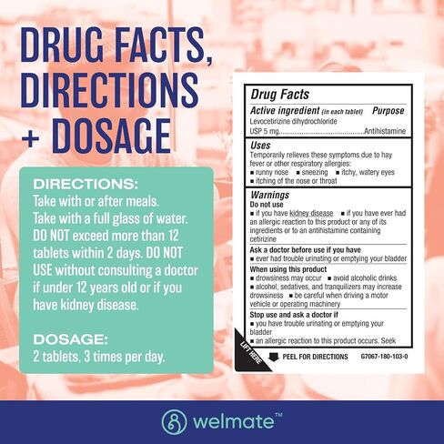 Welmate - Levocetirizine Dihydrochloride 5mg (180 ct) - طب الحساسية غير النعاس - 24 ساعة - مضادات الهيستامين - حبوب الحساسية العامة - الأدوية التي لا تزال على الجودة. in Kuwait