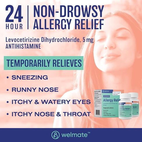 Welmate - Levocetirizine Dihydrochloride 5mg (180 ct) - طب الحساسية غير النعاس - 24 ساعة - مضادات الهيستامين - حبوب الحساسية العامة - الأدوية التي لا تزال على الجودة. in Kuwait