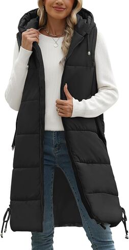 HEEKPEK Women Long Hooded Puffer Vest Winter Warm Quilted Sleeveless Down Jacket Casual Trendy Full-Zip Outerwear Drawstrings in Saudi Arabia