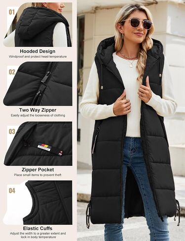 HEEKPEK Women Long Hooded Puffer Vest Winter Warm Quilted Sleeveless Down Jacket Casual Trendy Full-Zip Outerwear Drawstrings in Saudi Arabia