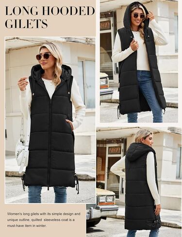 HEEKPEK Women Long Hooded Puffer Vest Winter Warm Quilted Sleeveless Down Jacket Casual Trendy Full-Zip Outerwear Drawstrings in Saudi Arabia