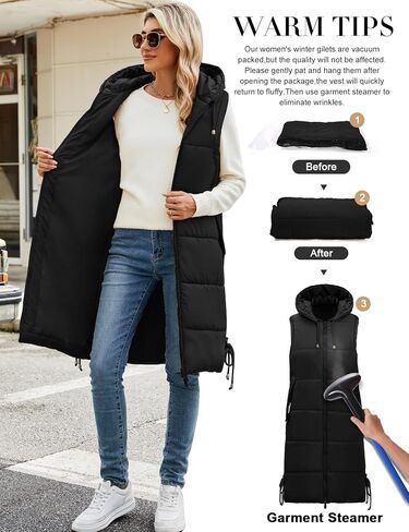 HEEKPEK Women Long Hooded Puffer Vest Winter Warm Quilted Sleeveless Down Jacket Casual Trendy Full-Zip Outerwear Drawstrings in Saudi Arabia