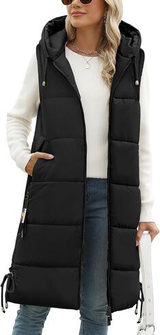 HEEKPEK Women Long Hooded Puffer Vest Winter Warm Quilted Sleeveless Down Jacket Casual Trendy Full-Zip Outerwear Drawstrings in Saudi Arabia