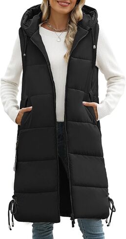 HEEKPEK Women Long Hooded Puffer Vest Winter Warm Quilted Sleeveless Down Jacket Casual Trendy Full-Zip Outerwear Drawstrings in Saudi Arabia