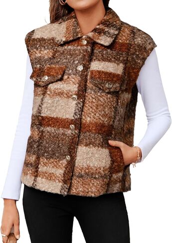 Glamaker Womens Faux Fur Plaid Vest Fall Button Up Fuzzy Casual Sleeveless Outerwear Jacket with Pockets in Saudi Arabia