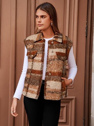 Glamaker Womens Faux Fur Plaid Vest Fall Button Up Fuzzy Casual Sleeveless Outerwear Jacket with Pockets in Saudi Arabia