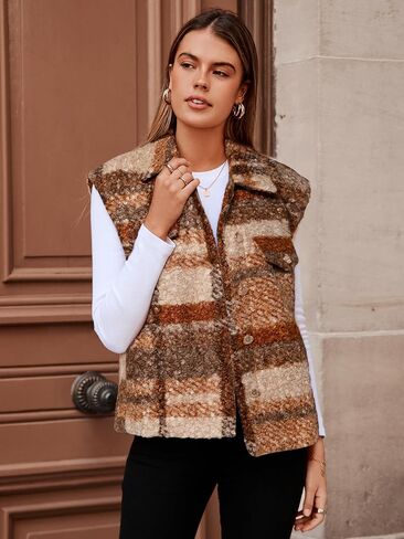 Glamaker Womens Faux Fur Plaid Vest Fall Button Up Fuzzy Casual Sleeveless Outerwear Jacket with Pockets in Saudi Arabia