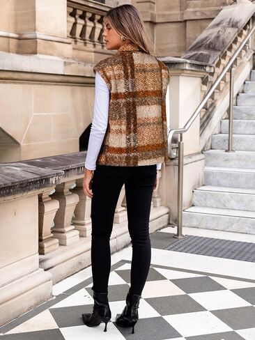 Glamaker Womens Faux Fur Plaid Vest Fall Button Up Fuzzy Casual Sleeveless Outerwear Jacket with Pockets in Saudi Arabia