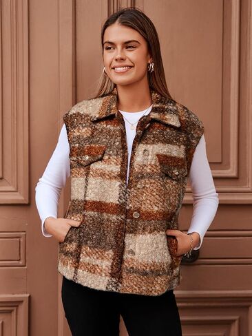 Glamaker Womens Faux Fur Plaid Vest Fall Button Up Fuzzy Casual Sleeveless Outerwear Jacket with Pockets in Saudi Arabia