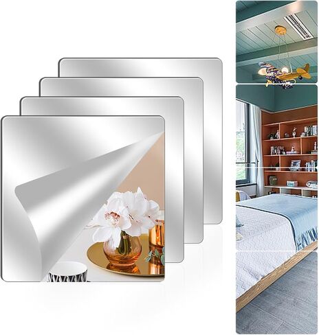 4 Pack Wall Mirror Full Length, 10 x 10 Inch Unbreakable Acrylic Mirror Tiles, Shatterproof Flexible Plastic Mirror Sheets for Bedroom Home Gym Door (4P 10"x 10") in Saudi Arabia