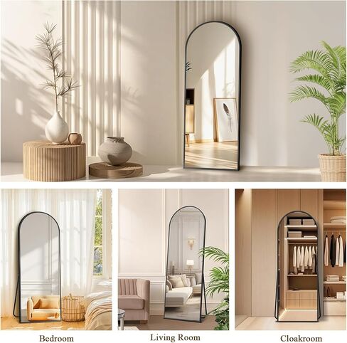 56 "x18" مرآة كاملة الطول مع حامل ، مرآة أرضية مقوسة مقاومة ، إطار رفيع من سبيكة الألومنيوم - مستندة قائم بذاته/حائط/جدار لغرفة النوم وغرفة المعيشة والمدخل (أسود) in Kuwait