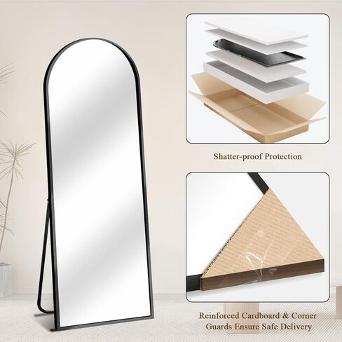 56 "x18" مرآة كاملة الطول مع حامل ، مرآة أرضية مقوسة مقاومة ، إطار رفيع من سبيكة الألومنيوم - مستندة قائم بذاته/حائط/جدار لغرفة النوم وغرفة المعيشة والمدخل (أسود) in Kuwait