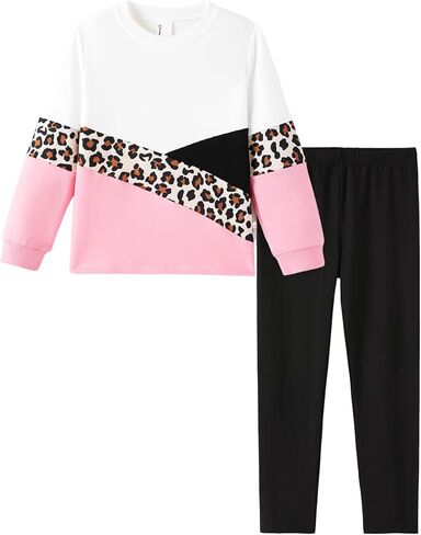 PATPAT Little Girls Clothes Crew Neck Leopard Color Block Sweatshirt and Leggings Girls Outfits Size 4-14Y in Kuwait