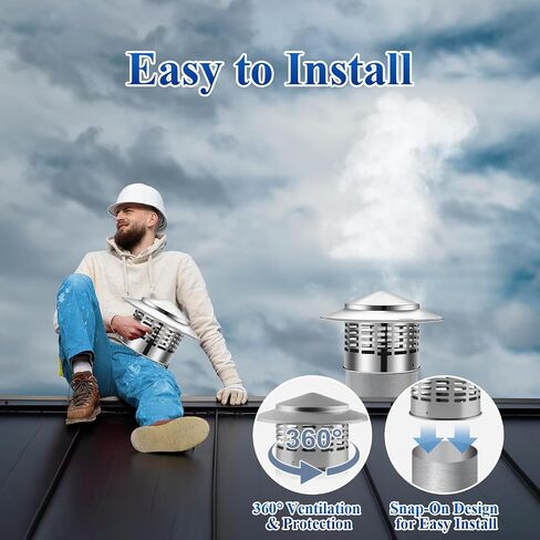 Round Chimney Cap, 304 Stainless Steel Rain Cover, Weatherproof Roof Vent Protector with Gloves, Silver (6 inch) in Saudi Arabia