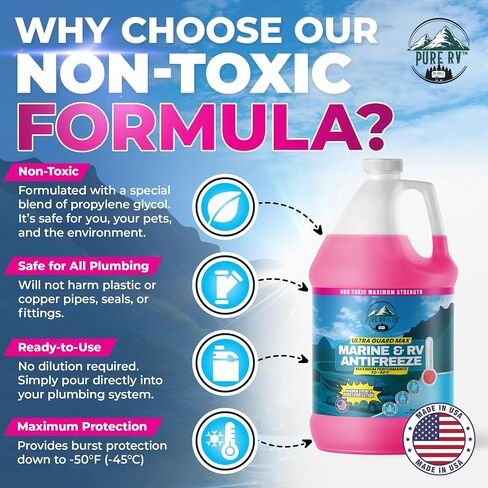 Ultra Guard Max RV Antifreeze -50°F | Non-Toxic Pink Marine Antifreeze | Potable Water Safe Glycerin Formula | Camper, Boat, Pool Winterizing Fluid | Made in USA, 32oz Bottle in Saudi Arabia
