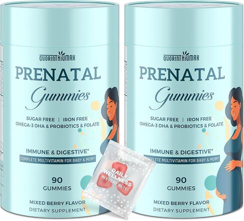 Gummies قبل الولادة خالية من السكر 180 العد - الفيتامينات العضوية قبل الولادة للنساء مع حمض الفوليك ، وال DHA والبروبيوتيك - فيتامينات خالية من الحديد قبل الولادة للمناعة والهطرف - 2 زجاجات in Kuwait