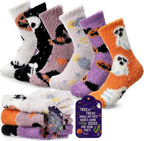 6 Pairs Thick Halloween Fuzzy Socks with Cards Warm Fluffy Socks Halloween Gifts for Women Fall Winter Trick-or-treat Fans in Saudi Arabia
