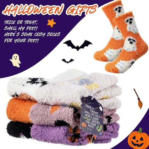 6 Pairs Thick Halloween Fuzzy Socks with Cards Warm Fluffy Socks Halloween Gifts for Women Fall Winter Trick-or-treat Fans in Saudi Arabia