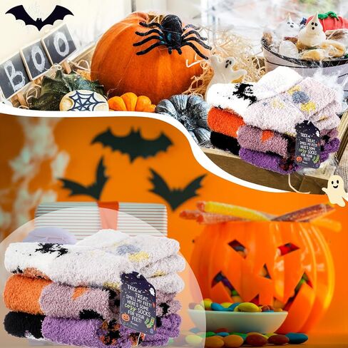 6 Pairs Thick Halloween Fuzzy Socks with Cards Warm Fluffy Socks Halloween Gifts for Women Fall Winter Trick-or-treat Fans in Saudi Arabia