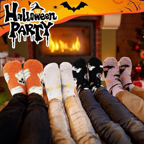 6 Pairs Thick Halloween Fuzzy Socks with Cards Warm Fluffy Socks Halloween Gifts for Women Fall Winter Trick-or-treat Fans in Saudi Arabia