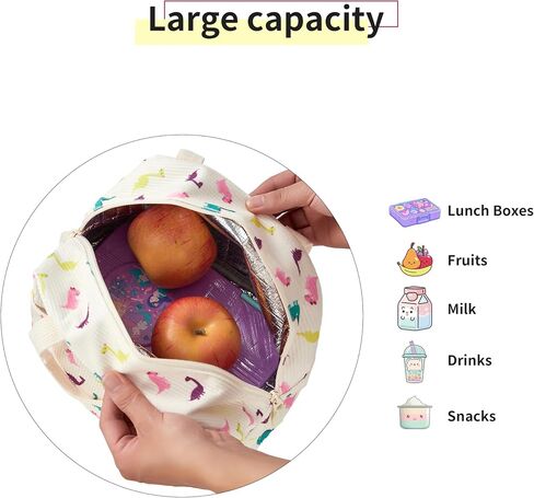 Cute Corduroy Insulated Lunch Box for Girls Women, Large Capacity Reusable Cooler Bag for Kids, Toddlers, Preschool and Elementary School Lunch Bag(Dinosaur) in Saudi Arabia