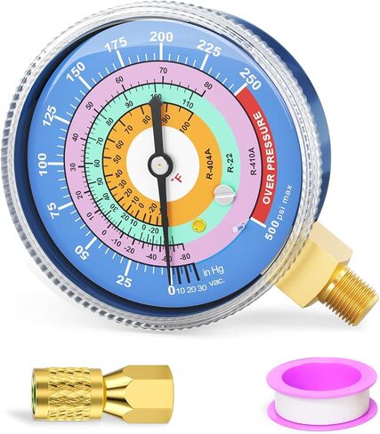 MEANLIN MEASURE Refrigeration Pressure Gauge, 1/8"NPT, 30 in HG to 250Psi, 2-3/4" Dial, R-404A, R-22, R-410A, Degree F, with 1/8" x 1/4" NPT and 1/8" x 3/8" NPT Hex Bushing, Blue Dial, Lower Mount in Kuwait