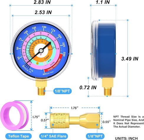 MEANLIN MEASURE Refrigeration Pressure Gauge, 1/8"NPT, 30 in HG to 250Psi, 2-3/4" Dial, R-404A, R-22, R-410A, Degree F, with 1/8" x 1/4" NPT and 1/8" x 3/8" NPT Hex Bushing, Blue Dial, Lower Mount in Kuwait