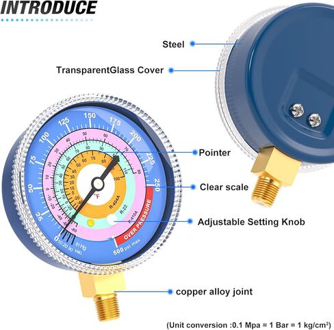 MEANLIN MEASURE Refrigeration Pressure Gauge, 1/8"NPT, 30 in HG to 250Psi, 2-3/4" Dial, R-404A, R-22, R-410A, Degree F, with 1/8" x 1/4" NPT and 1/8" x 3/8" NPT Hex Bushing, Blue Dial, Lower Mount in Kuwait