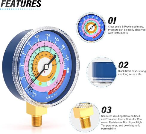 MEANLIN MEASURE Refrigeration Pressure Gauge, 1/8"NPT, 30 in HG to 250Psi, 2-3/4" Dial, R-404A, R-22, R-410A, Degree F, with 1/8" x 1/4" NPT and 1/8" x 3/8" NPT Hex Bushing, Blue Dial, Lower Mount in Kuwait