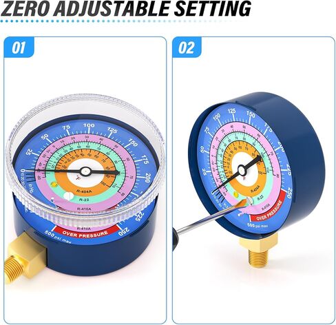 MEANLIN MEASURE Refrigeration Pressure Gauge, 1/8"NPT, 30 in HG to 250Psi, 2-3/4" Dial, R-404A, R-22, R-410A, Degree F, with 1/8" x 1/4" NPT and 1/8" x 3/8" NPT Hex Bushing, Blue Dial, Lower Mount in Kuwait