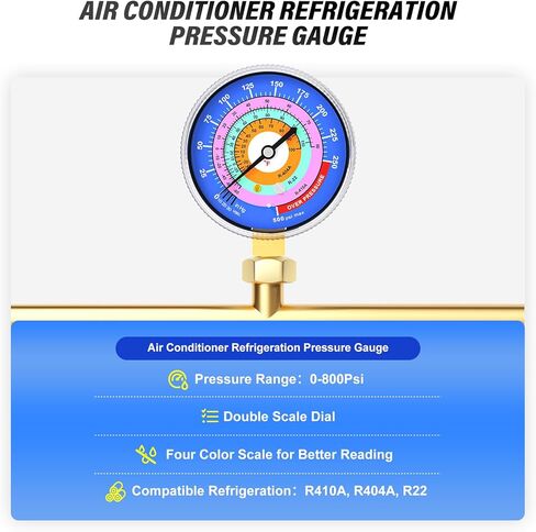 MEANLIN MEASURE Refrigeration Pressure Gauge, 1/8"NPT, 30 in HG to 250Psi, 2-3/4" Dial, R-404A, R-22, R-410A, Degree F, with 1/8" x 1/4" NPT and 1/8" x 3/8" NPT Hex Bushing, Blue Dial, Lower Mount in Kuwait