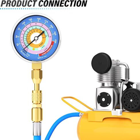 MEANLIN MEASURE Refrigeration Pressure Gauge, 1/8"NPT, 30 in HG to 250Psi, 2-3/4" Dial, R-404A, R-22, R-410A, Degree F, with 1/8" x 1/4" NPT and 1/8" x 3/8" NPT Hex Bushing, Blue Dial, Lower Mount in Kuwait
