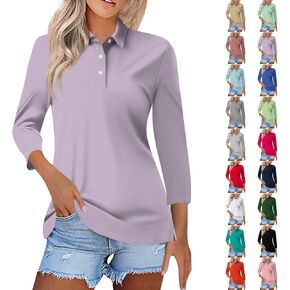 Business Casual Tops for Women Cotton V Neck 3/4 Sleeve Polo Shirts Basic Plain Slim Fitted T Shirts Cozy Workout Top in Saudi Arabia