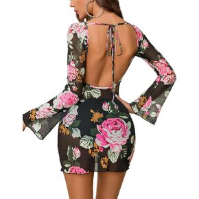 Avidlove Women's Mesh Dress Backless Bell Sleeve Party Clubwear Mini Bodycon Dresses in Kuwait