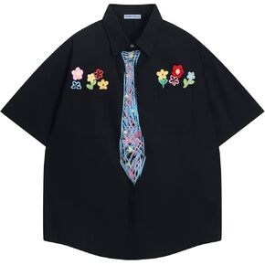 Aelfric Eden Men's Button أسفل القمصان المصنوعة يدويًا الأزهار القصيرة الأكمام القميص على Graffiti Necktie قمصان شاطئ الصيف in Kuwait
