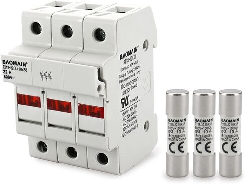 Baomain Cylindrical Fuse Holder RT18-32(X) 10mm X 38mm Fuse Base 3 Poles DIN Rail Mount With 10 PCS of RO15 Fuse (1 Amp) CE&UR Listed in Saudi Arabia