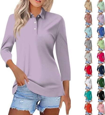 Business Casual Tops for Women Cotton V Neck 3/4 Sleeve Polo Shirts Basic Plain Slim Fitted T Shirts Cozy Workout Top in Saudi Arabia