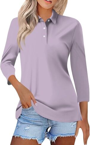 Business Casual Tops for Women Cotton V Neck 3/4 Sleeve Polo Shirts Basic Plain Slim Fitted T Shirts Cozy Workout Top in Saudi Arabia