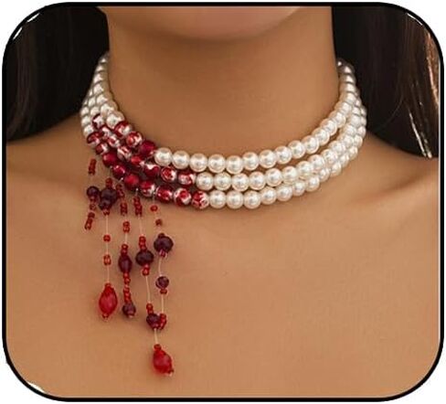 Dripping Vampire Necklace for Women Gothic Blood Pearl Choker Layered Bleeding Pearls Vampire Necklaces Halloween Dark Bridal Vampires Witch Party Jewelry Accessories in Saudi Arabia