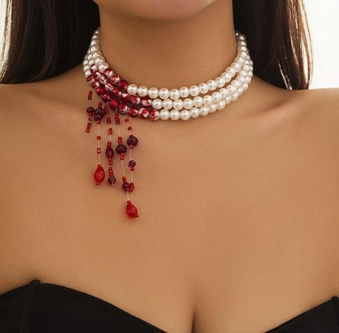 Dripping Vampire Necklace for Women Gothic Blood Pearl Choker Layered Bleeding Pearls Vampire Necklaces Halloween Dark Bridal Vampires Witch Party Jewelry Accessories in Saudi Arabia