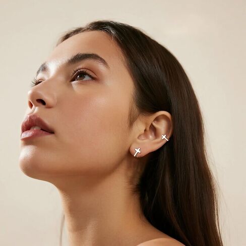 Reffeer Solid 925 Sterling Silver Cross Hoop Earrings for Women Teen Girls Small Cross Huggie Earrings Cartilage Helix in Saudi Arabia