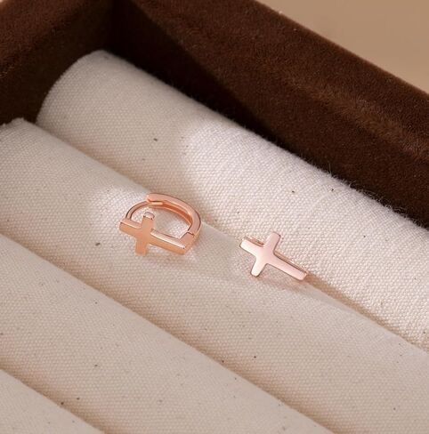 Reffeer Solid 925 Sterling Silver Cross Hoop Earrings for Women Teen Girls Small Cross Huggie Earrings Cartilage Helix in Saudi Arabia