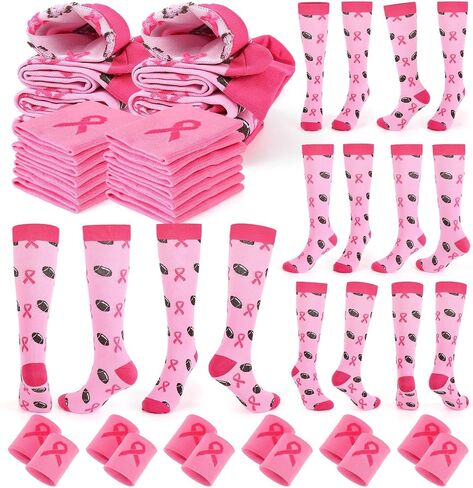 24 Pairs Breast Cancer Awareness Socks Bluk Pink Football Socks With Wrist Sweatbands Athletic Accessories for Volunteer in Saudi Arabia