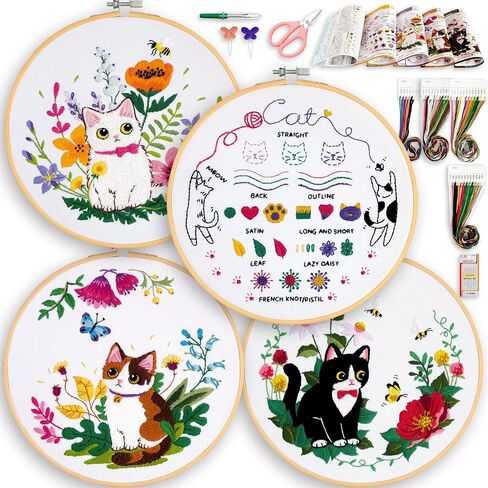 ZWZRAFT Embroidery Kit for Beginners, 4 Sets Embroidery Kit for Beginners Adults, Needle Point Kits Adults Beginner, Hand Embroidery Kit, Embroidery Starter Kit, Cat Embroidery Kit in Saudi Arabia
