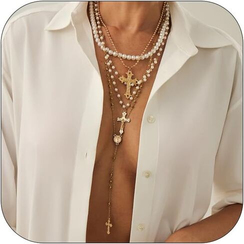 Layered Pearl Cross Necklace For Women Retro Stacking Beaded Cross Long Y-Shaped Pendant Necklace Fashion Wedding Bridal Party Jewelry For Women in Saudi Arabia
