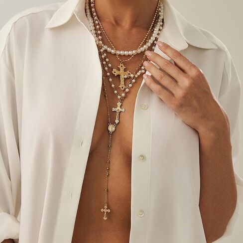Layered Pearl Cross Necklace For Women Retro Stacking Beaded Cross Long Y-Shaped Pendant Necklace Fashion Wedding Bridal Party Jewelry For Women in Saudi Arabia