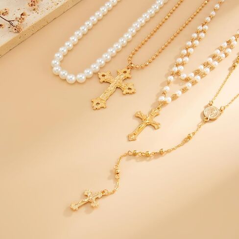 Layered Pearl Cross Necklace For Women Retro Stacking Beaded Cross Long Y-Shaped Pendant Necklace Fashion Wedding Bridal Party Jewelry For Women in Saudi Arabia