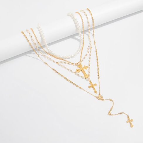 Layered Pearl Cross Necklace For Women Retro Stacking Beaded Cross Long Y-Shaped Pendant Necklace Fashion Wedding Bridal Party Jewelry For Women in Saudi Arabia