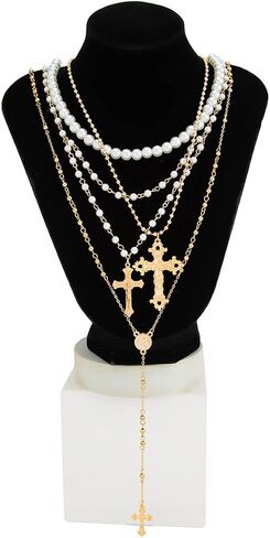 Layered Pearl Cross Necklace For Women Retro Stacking Beaded Cross Long Y-Shaped Pendant Necklace Fashion Wedding Bridal Party Jewelry For Women in Saudi Arabia