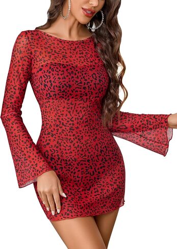 Avidlove Women's Mesh Dress Backless Bell Sleeve Party Clubwear Mini Bodycon Dresses in Kuwait